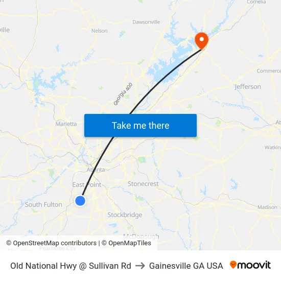 Old National Hwy @ Sullivan Rd to Gainesville GA USA map