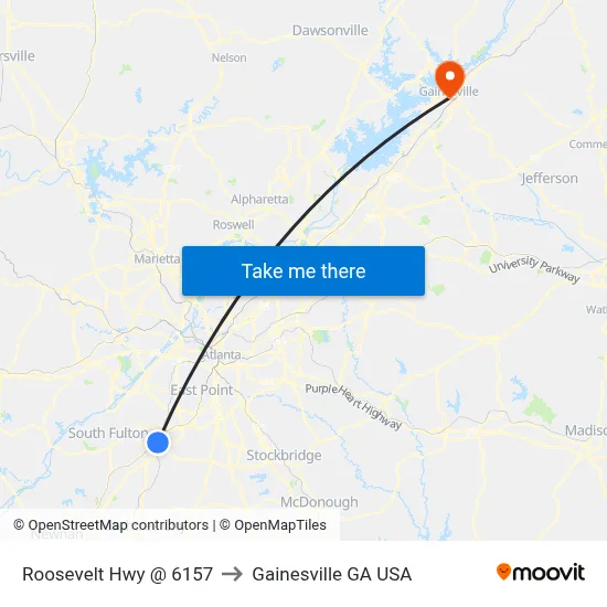 Roosevelt Hwy @ 6157 to Gainesville GA USA map