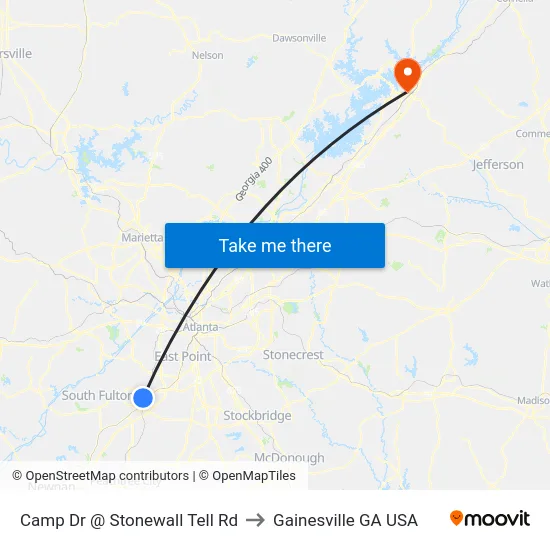 Camp Dr @ Stonewall Tell Rd to Gainesville GA USA map