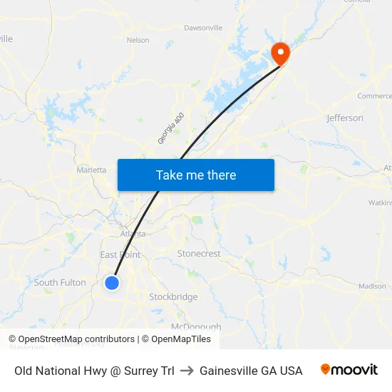 Old National Hwy @ Surrey Trl to Gainesville GA USA map