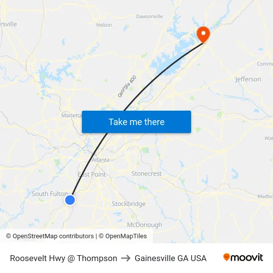 Roosevelt Hwy @ Thompson to Gainesville GA USA map