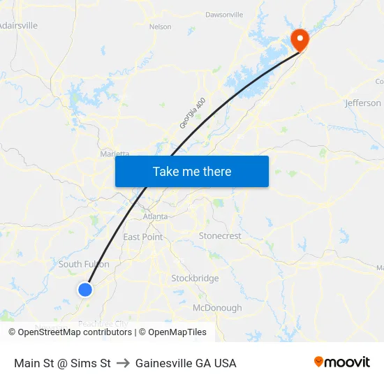 Main St @ Sims St to Gainesville GA USA map
