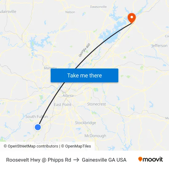 Roosevelt Hwy @ Phipps Rd to Gainesville GA USA map