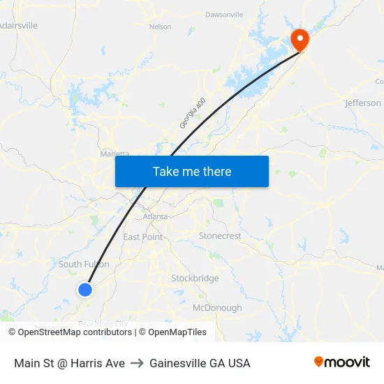 Main St @ Harris Ave to Gainesville GA USA map