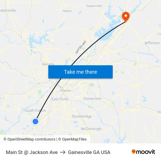 Main St @ Jackson Ave to Gainesville GA USA map