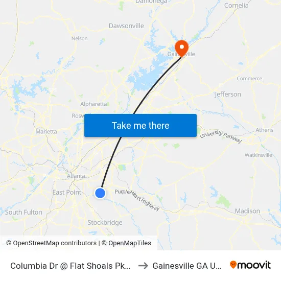 Columbia Dr @ Flat Shoals Pkwy to Gainesville GA USA map