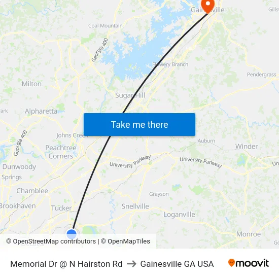 Memorial Dr @ N Hairston Rd to Gainesville GA USA map