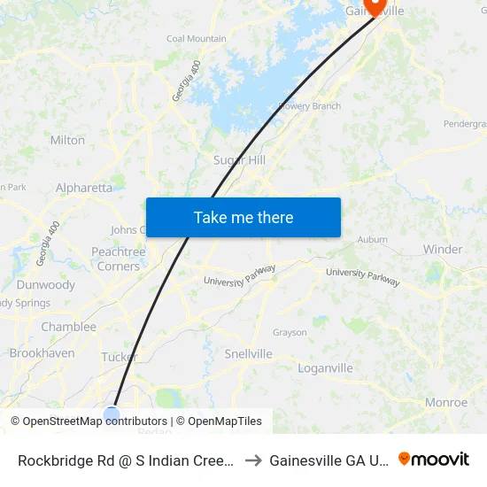 Rockbridge Rd @ S Indian Creek Dr to Gainesville GA USA map