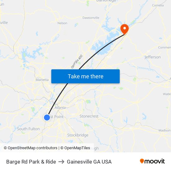 Barge Rd Park & Ride to Gainesville GA USA map