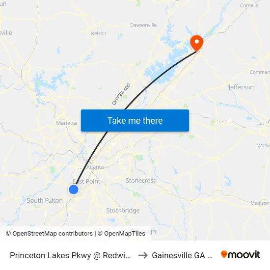 Princeton Lakes Pkwy @ Redwine Rd to Gainesville GA USA map