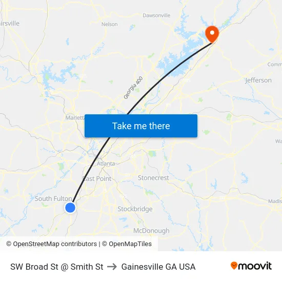SW Broad St @ Smith St to Gainesville GA USA map