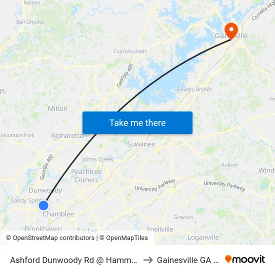 Ashford Dunwoody Rd @ Hammond Dr to Gainesville GA USA map