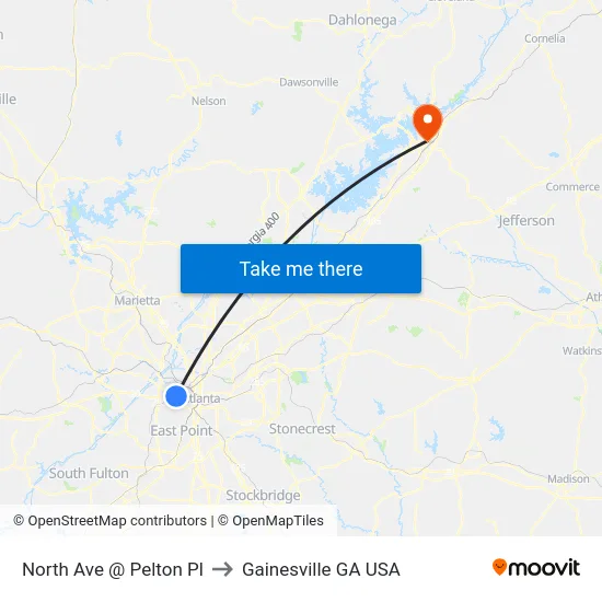 North Ave @ Pelton Pl to Gainesville GA USA map