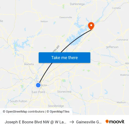 Joseph E Boone Blvd NW @ W Lake Ave NW to Gainesville GA USA map