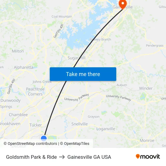 Goldsmith Park & Ride to Gainesville GA USA map