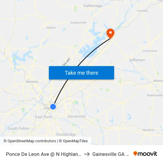 Ponce De Leon Ave @ N Highland Ave to Gainesville GA USA map