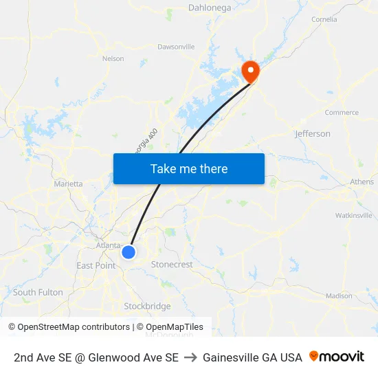 2nd Ave SE @ Glenwood Ave SE to Gainesville GA USA map