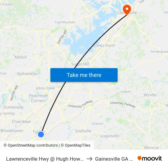 Lawrenceville Hwy @ Hugh Howell Rd to Gainesville GA USA map