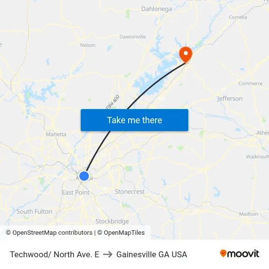 Techwood/ North Ave. E to Gainesville GA USA map
