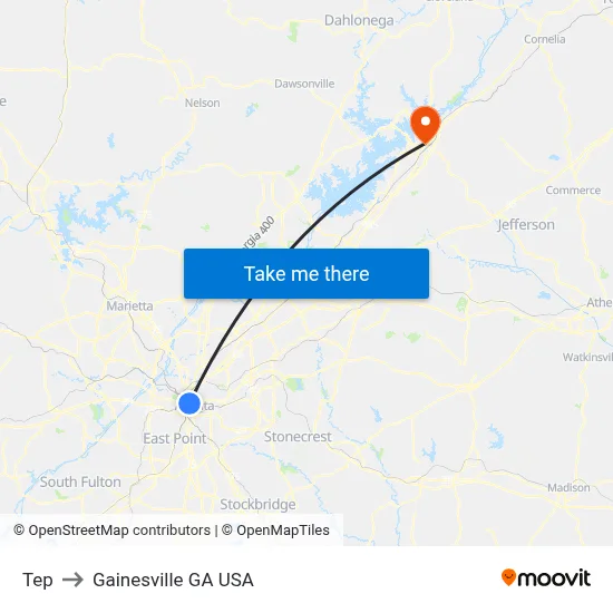 Tep to Gainesville GA USA map