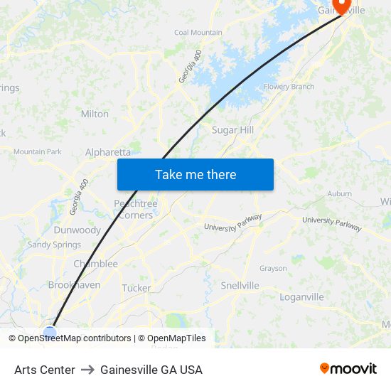 Arts Center to Gainesville GA USA map