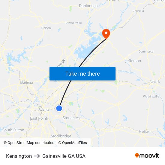 Kensington to Gainesville GA USA map