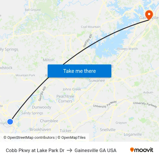 Cobb Pkwy at Lake Park Dr to Gainesville GA USA map