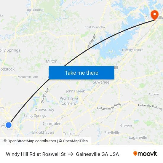 Windy Hill Rd at Roswell St to Gainesville GA USA map