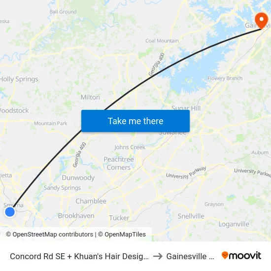 Concord Rd SE + Khuan's Hair Design/Arkle Veterina to Gainesville GA USA map