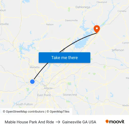 Mable House Park And Ride to Gainesville GA USA map