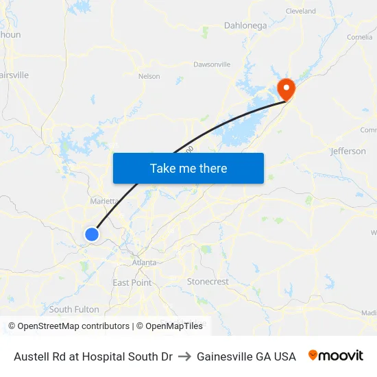 Austell Rd at Hospital South Dr to Gainesville GA USA map