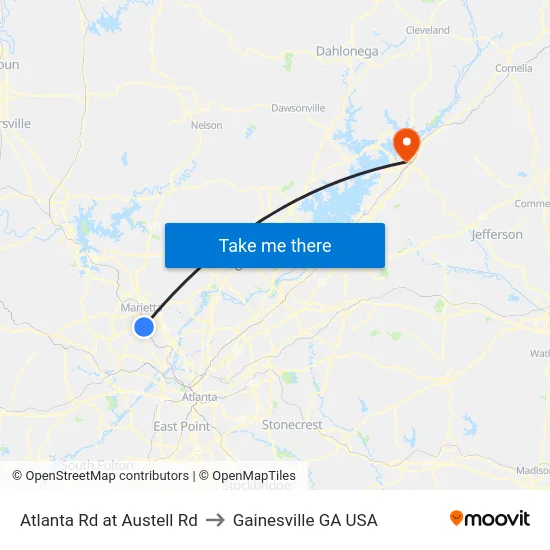 Atlanta Rd at Austell Rd to Gainesville GA USA map