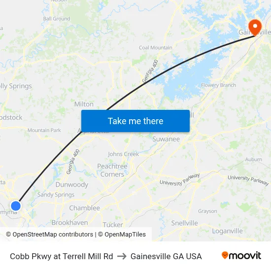 Cobb Pkwy at Terrell Mill Rd to Gainesville GA USA map