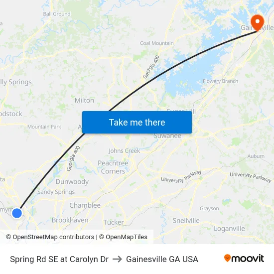 Spring Rd SE at Carolyn Dr to Gainesville GA USA map
