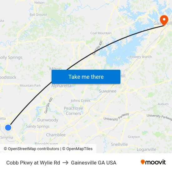 Cobb Pkwy at Wylie Rd to Gainesville GA USA map