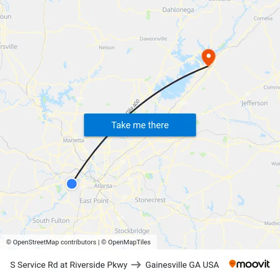 S Service Rd at Riverside Pkwy to Gainesville GA USA map