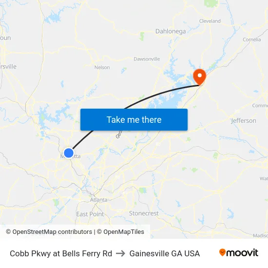 Cobb Pkwy at Bells Ferry Rd to Gainesville GA USA map