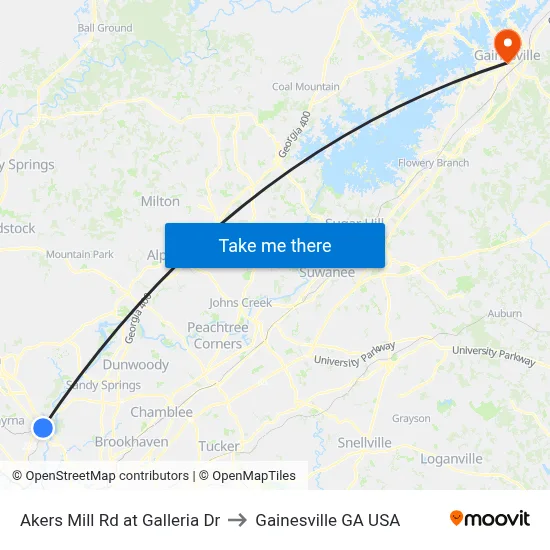 Akers Mill Rd at Galleria Dr to Gainesville GA USA map