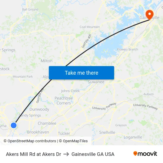 Akers Mill Rd at Akers Dr to Gainesville GA USA map