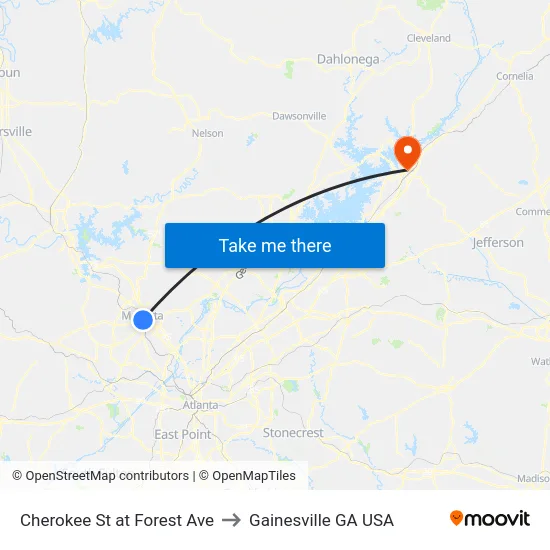 Cherokee St at Forest Ave to Gainesville GA USA map