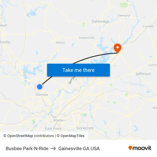 Busbee Park-N-Ride to Gainesville GA USA map