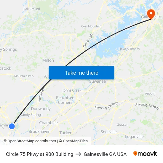 Circle 75 Pkwy at 900 Building to Gainesville GA USA map