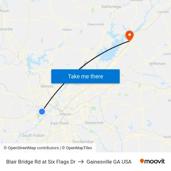 Blair Bridge Rd at Six Flags Dr to Gainesville GA USA map