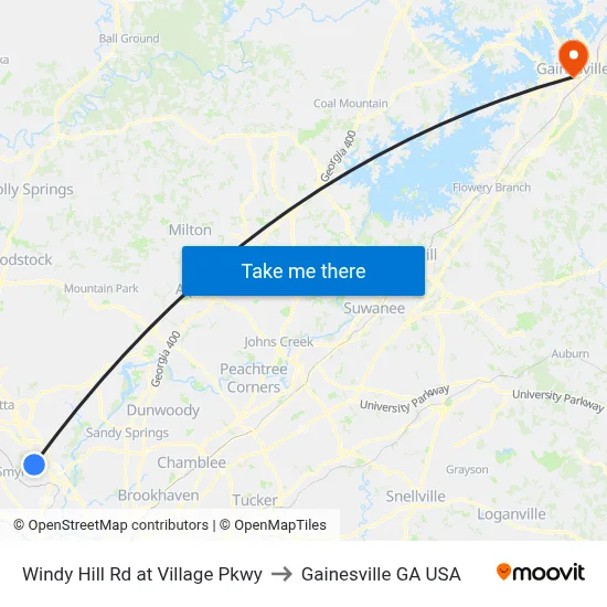 Windy Hill Rd at Village Pkwy to Gainesville GA USA map
