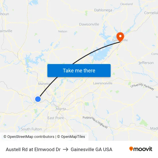 Austell Rd at Elmwood Dr to Gainesville GA USA map