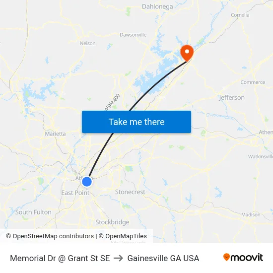 Memorial Dr @ Grant St SE to Gainesville GA USA map
