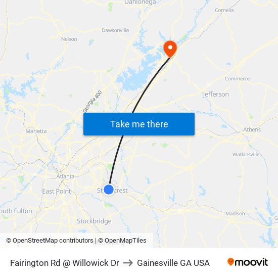 Fairington Rd @ Willowick Dr to Gainesville GA USA map