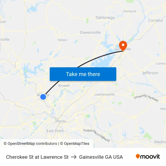 Cherokee St at Lawrence St to Gainesville GA USA map
