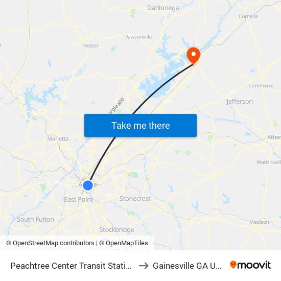 Peachtree Center Transit Station to Gainesville GA USA map