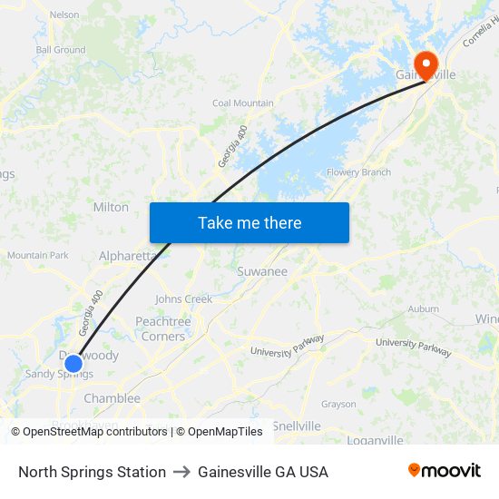 North Springs Station to Gainesville GA USA map